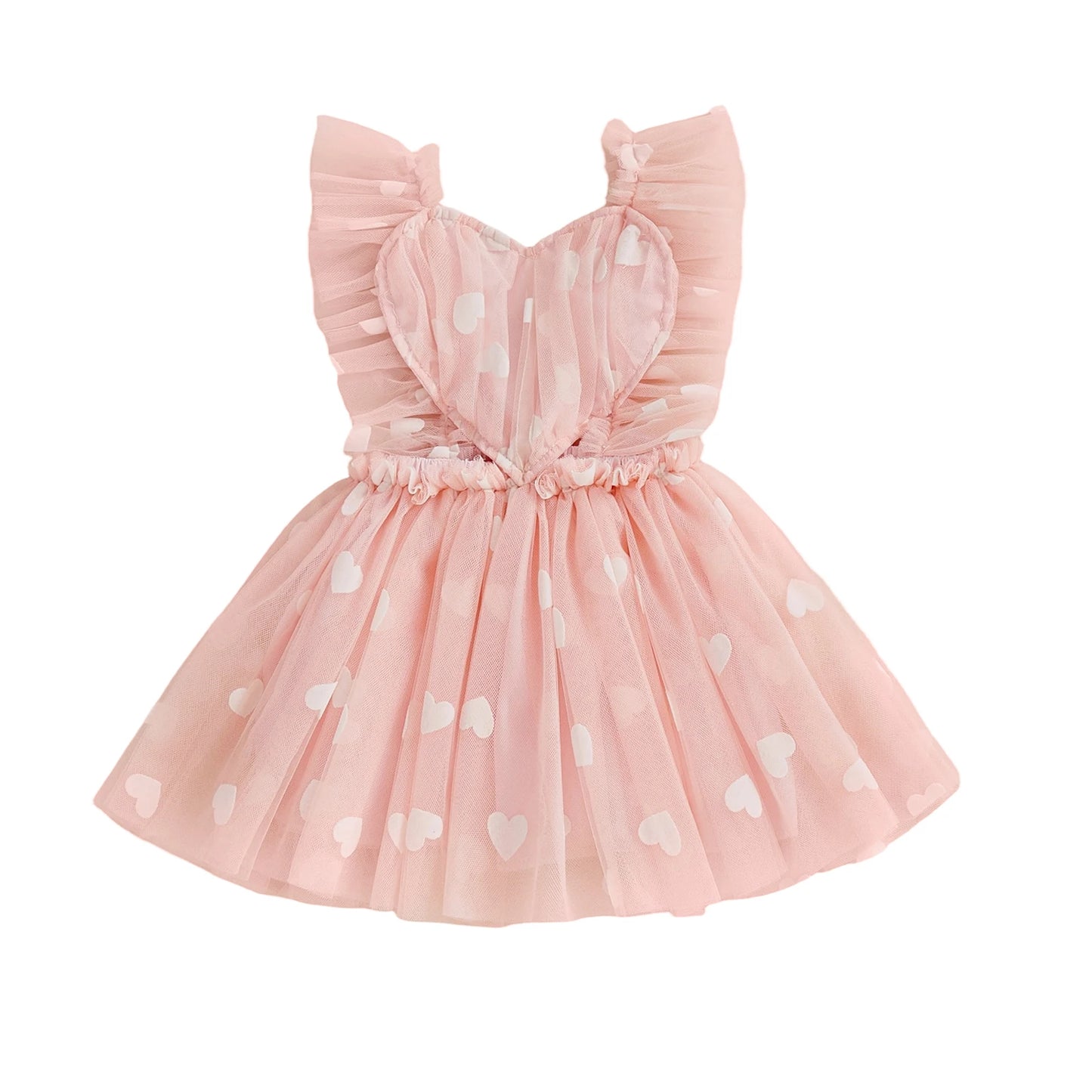 Infant Baby Girl Valentine’s Day Tulle Dress Heart/Bow Print Sleeveless Suspender A-Line Dress for Spring Summer