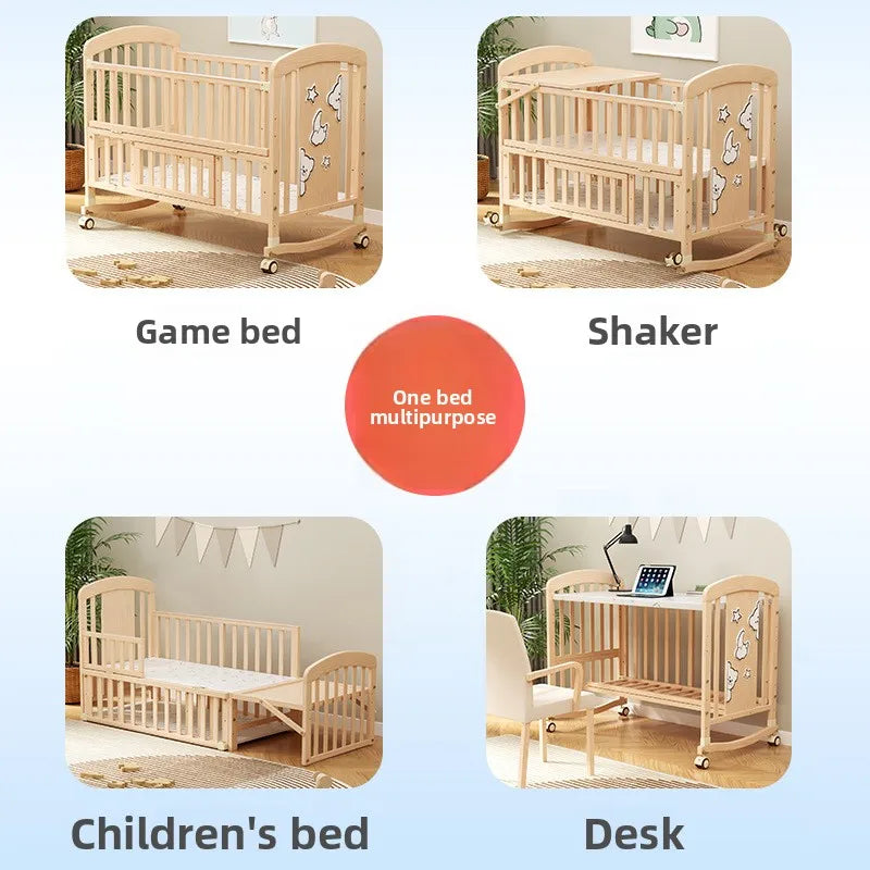 Baby Comfortable Sleeping Bed Solid Wood Newborn Baby Bed Multifunctional Baby Rocking Bed with Wheels and mosquito net