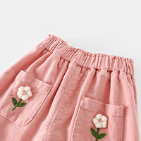 Korean Children's Clothes 2025 Autumn Girl Corduroy Straight-Leg Pants with Flower Embroidery 0-5Y Kids Casual Trousers
