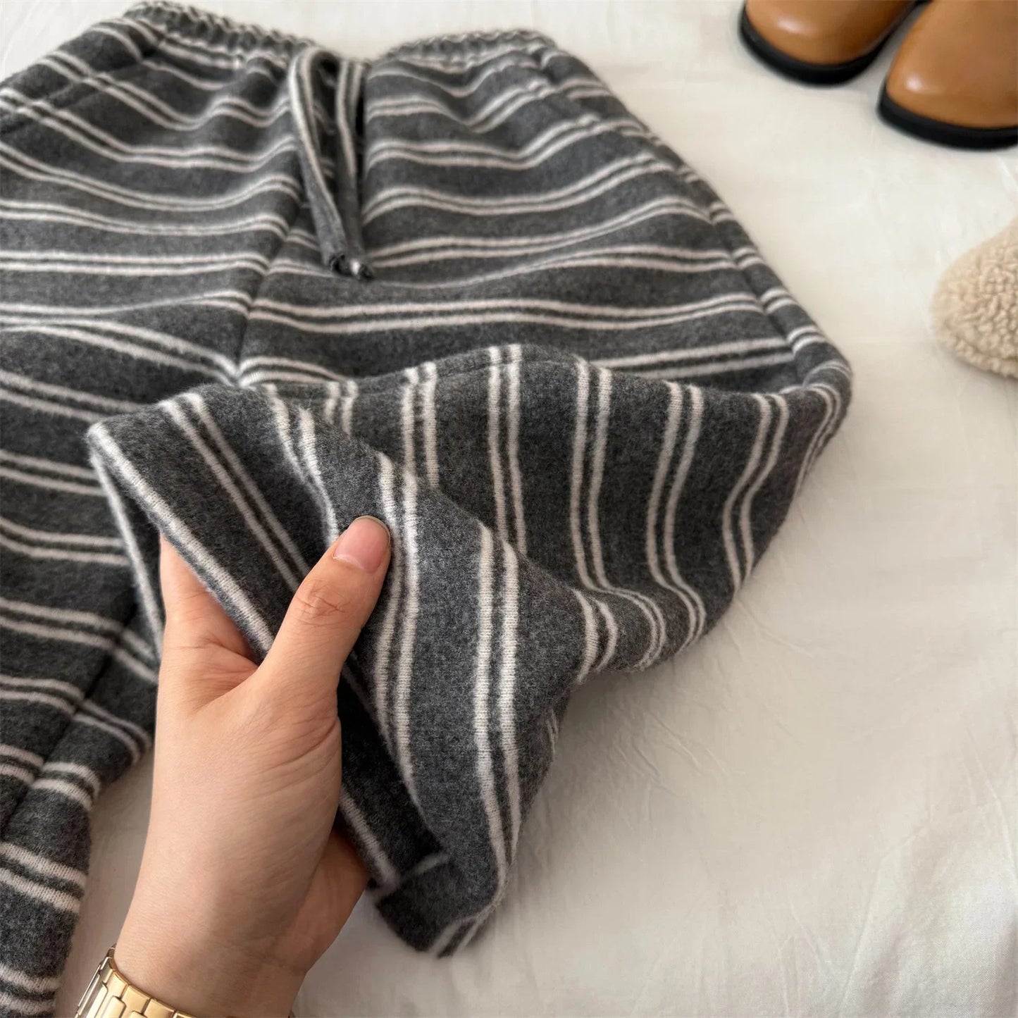 Korean Children's Clothes 2025 Autumn Winter Kids Fleece Pants Boys Striped Loose Trousers Warm Casual Long Pants