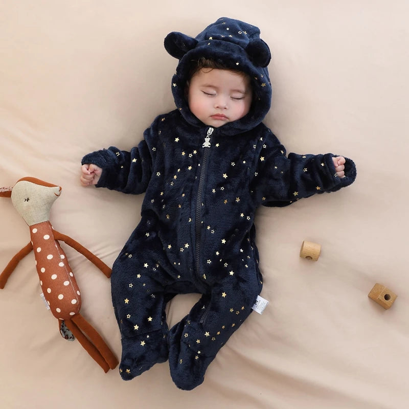 Newborn Baby Flannel Rompers Soft Warm Autumn Winter Bodysuit for Boys & Girls Cartoon Print Jumpsuit 0-19M Newborn Baby Clothes