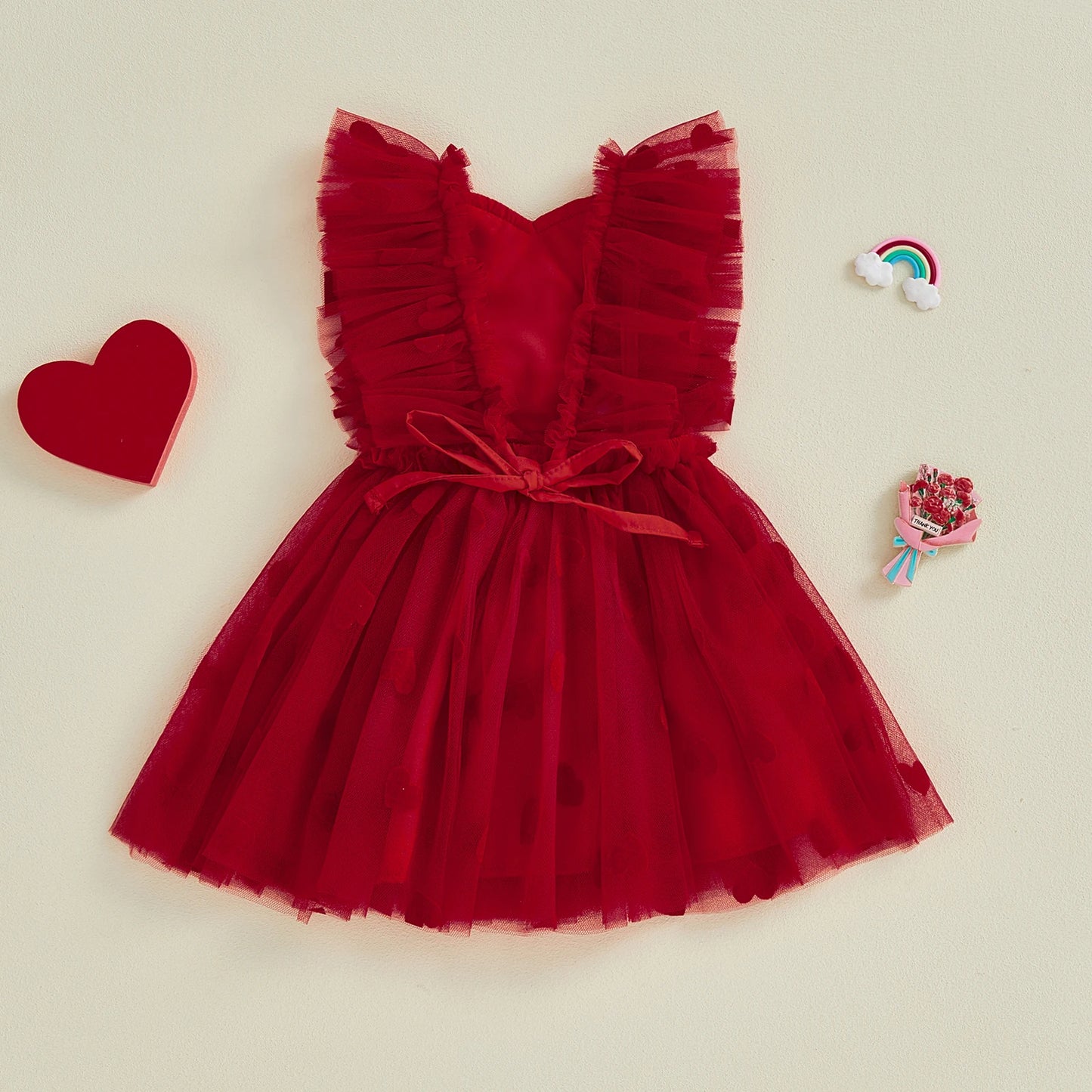 Infant Baby Girl Valentine’s Day Tulle Dress Heart/Bow Print Sleeveless Suspender A-Line Dress for Spring Summer