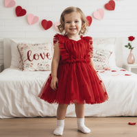 Infant Baby Girl Valentine’s Day Tulle Dress Heart/Bow Print Sleeveless Suspender A-Line Dress for Spring Summer
