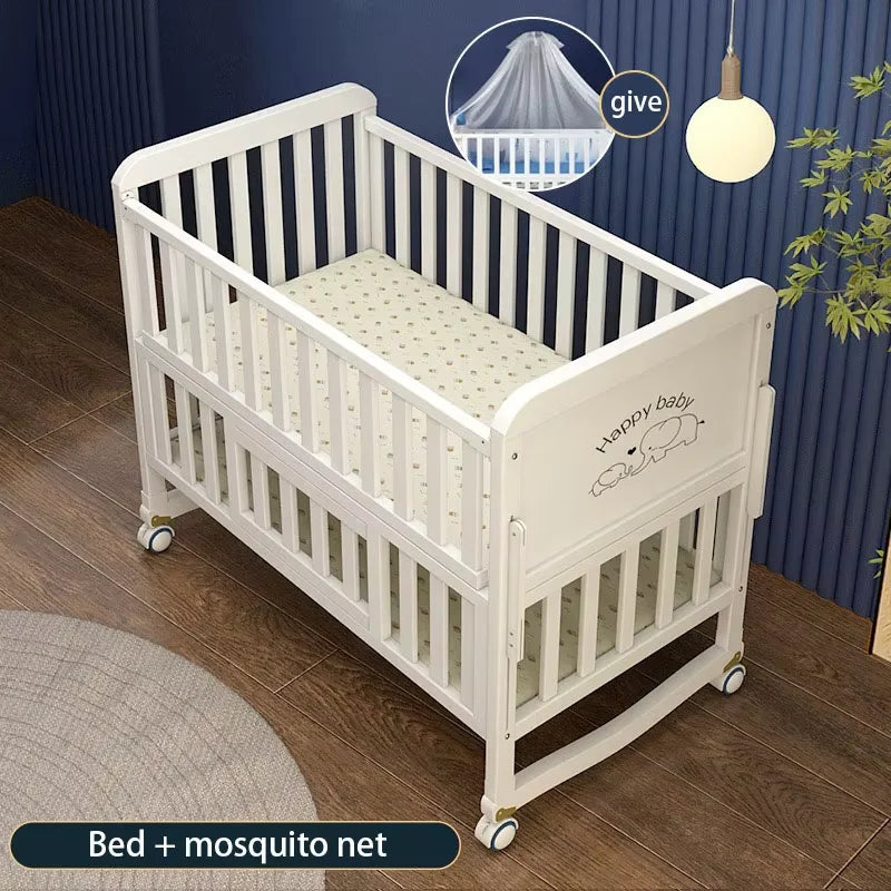 New 3 in 1 White Solid Wood Kids Cribs Adjisuable Wooden Baby Cot Bed With Net for New Born