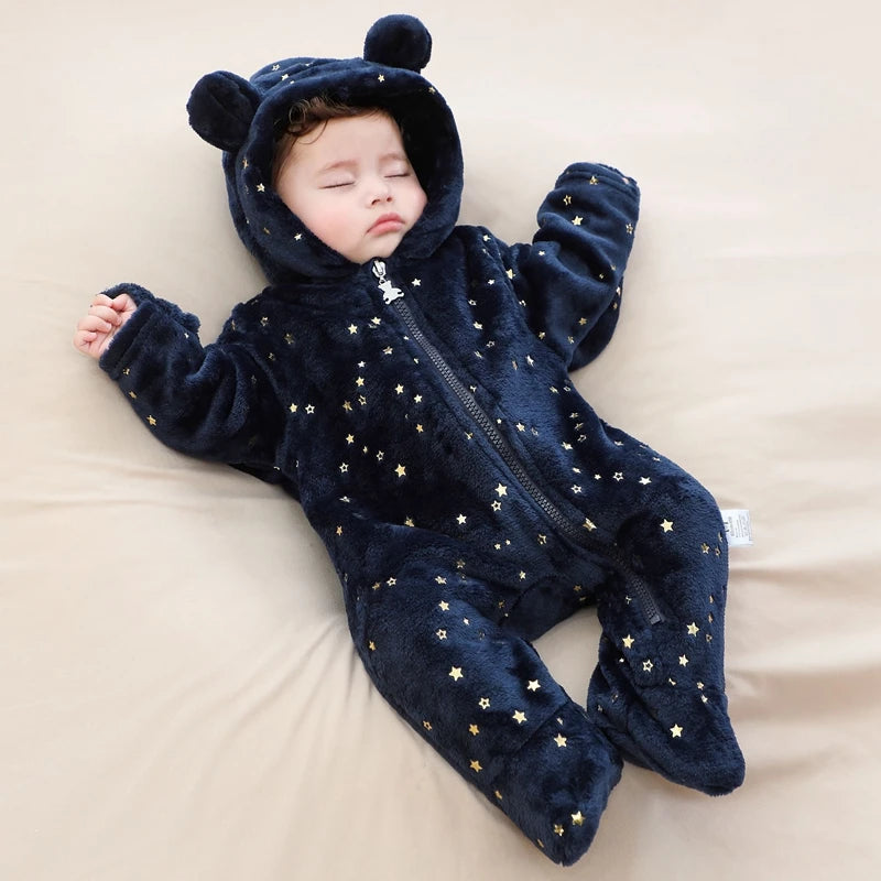 Newborn Baby Flannel Rompers Soft Warm Autumn Winter Bodysuit for Boys & Girls Cartoon Print Jumpsuit 0-19M Newborn Baby Clothes