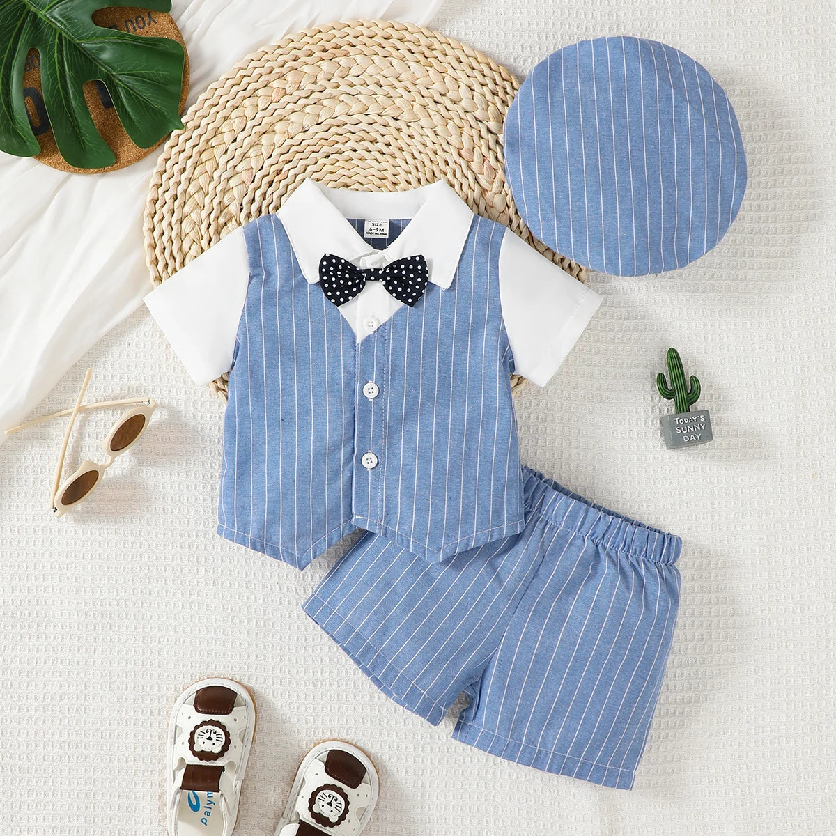 Baby Boy Little Gentleman Set Lapel Stripe Fake Two piece Top and Shorts Set Suitable for 0-3 Year Toddlers Birthday Party Set