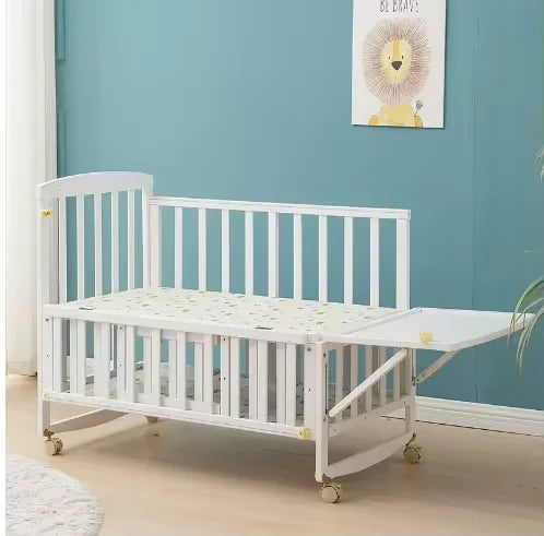 New 3 in 1 White Solid Wood Kids Cribs Adjisuable Wooden Baby Cot Bed With Net for New Born