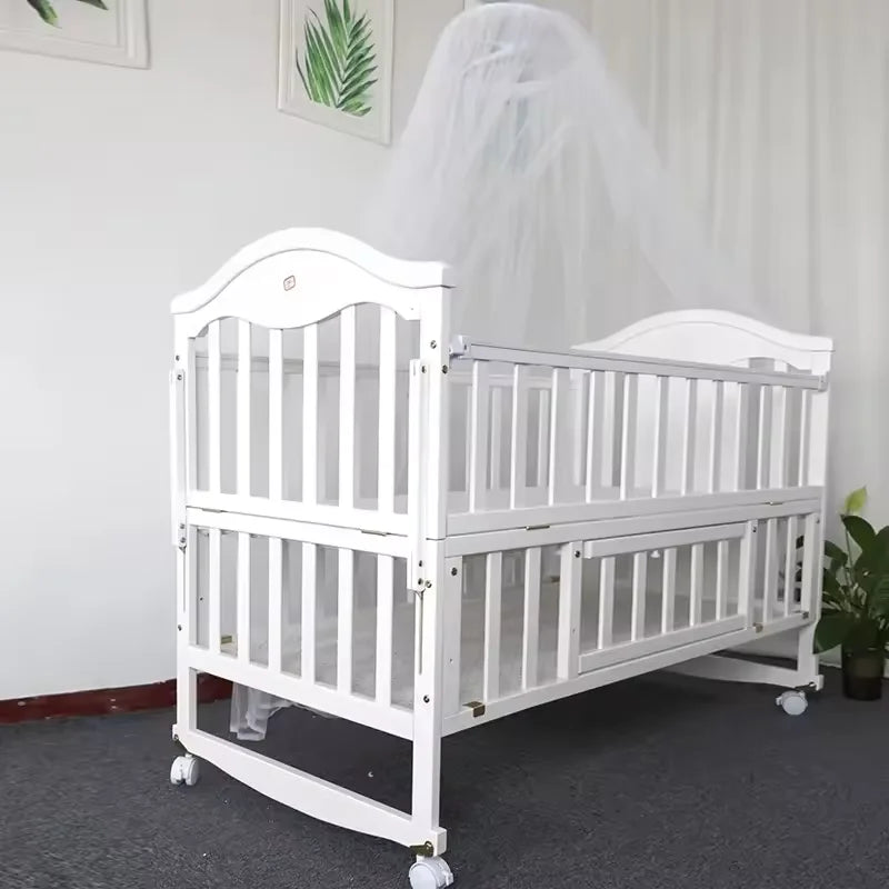 New 3 in 1 White Solid Wood Kids Cribs Adjisuable Wooden Baby Cot Bed With Net for New Born