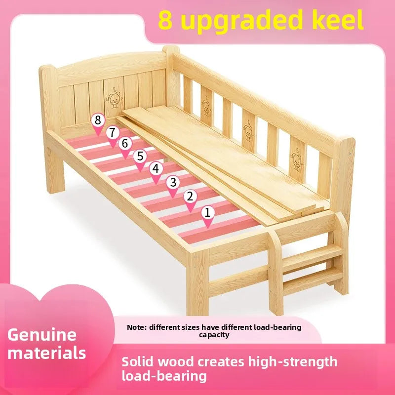 Solid Wood Children's Bed, Boy's Single Bed, with Guardrail, Girl's Princess Bed, Widened and Connected, Customizable