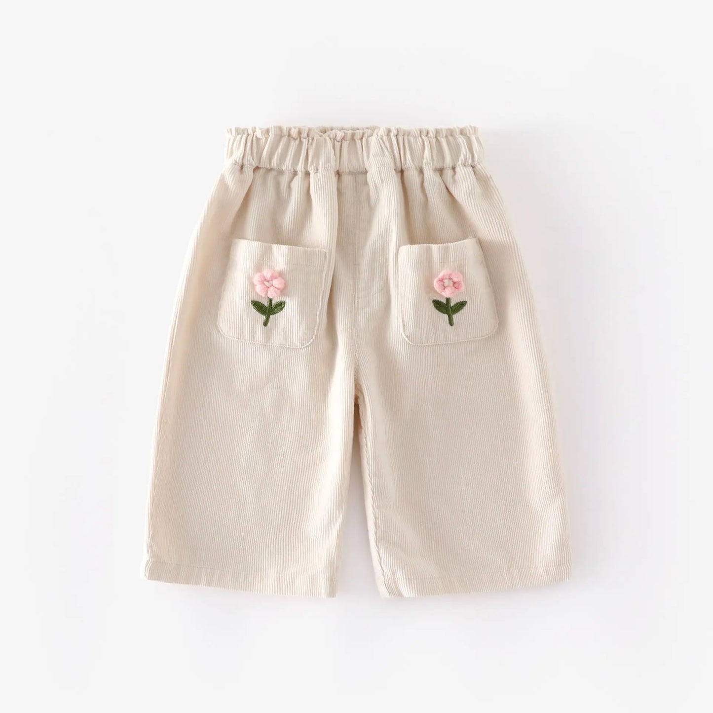 Korean Children's Clothes 2025 Autumn Girl Corduroy Straight-Leg Pants with Flower Embroidery 0-5Y Kids Casual Trousers