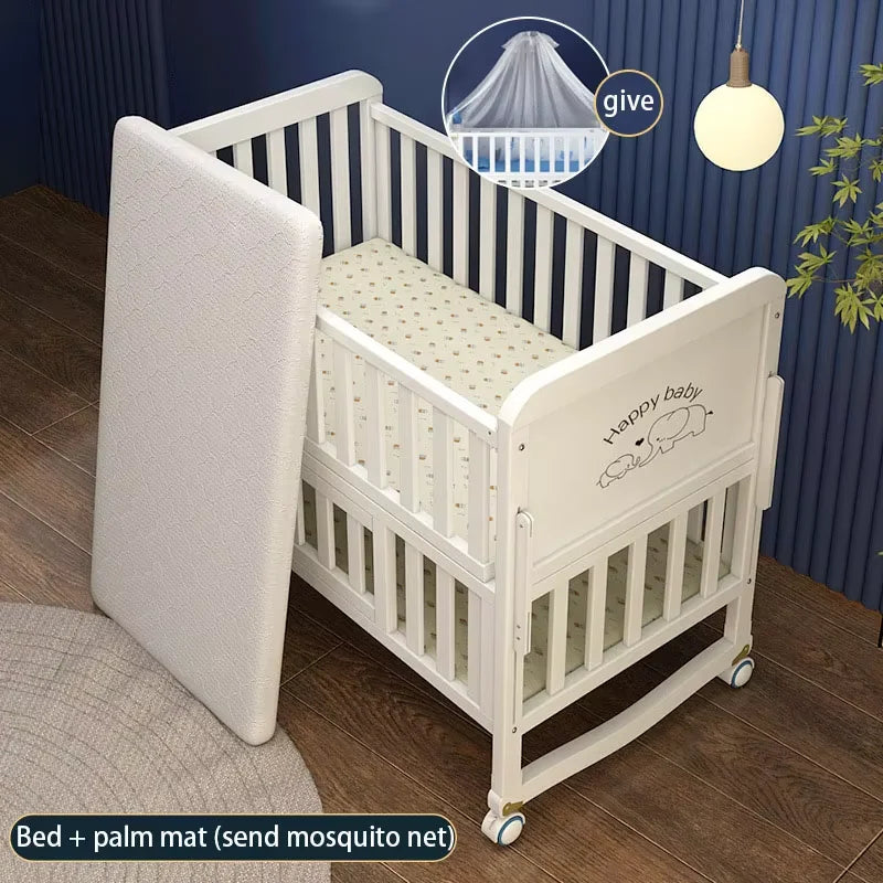 New 3 in 1 White Solid Wood Kids Cribs Adjisuable Wooden Baby Cot Bed With Net for New Born