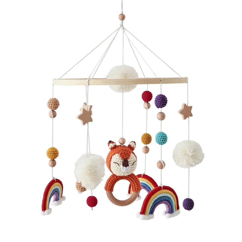 Wooden Crib Mobile Baby Bed Bell Rattle Toy Soft Felt Cartoon Bear Mobile bracket Newborn Music Box Bed Bell Hanging Bracket Toy