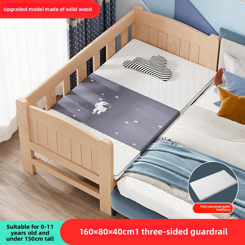 Solid Wood Children's Bed, Boy's Single Bed, with Guardrail, Girl's Princess Bed, Widened and Connected, Customizable