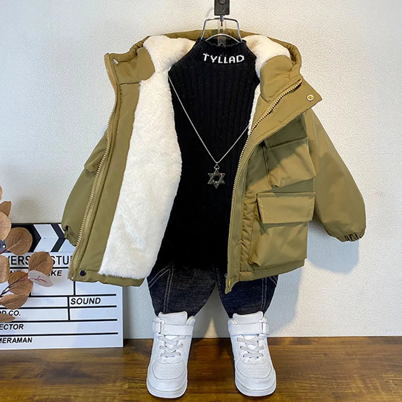 2023 Children Jackets Coat Autumn Winter Boy Clothes Baby Warm Thicken Velvet Outwear Outfits Toddler Kids Clothing 3-10 Years