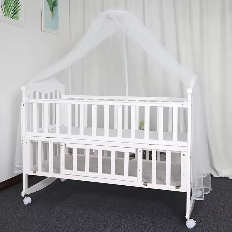 New 3 in 1 White Solid Wood Kids Cribs Adjisuable Wooden Baby Cot Bed With Net for New Born