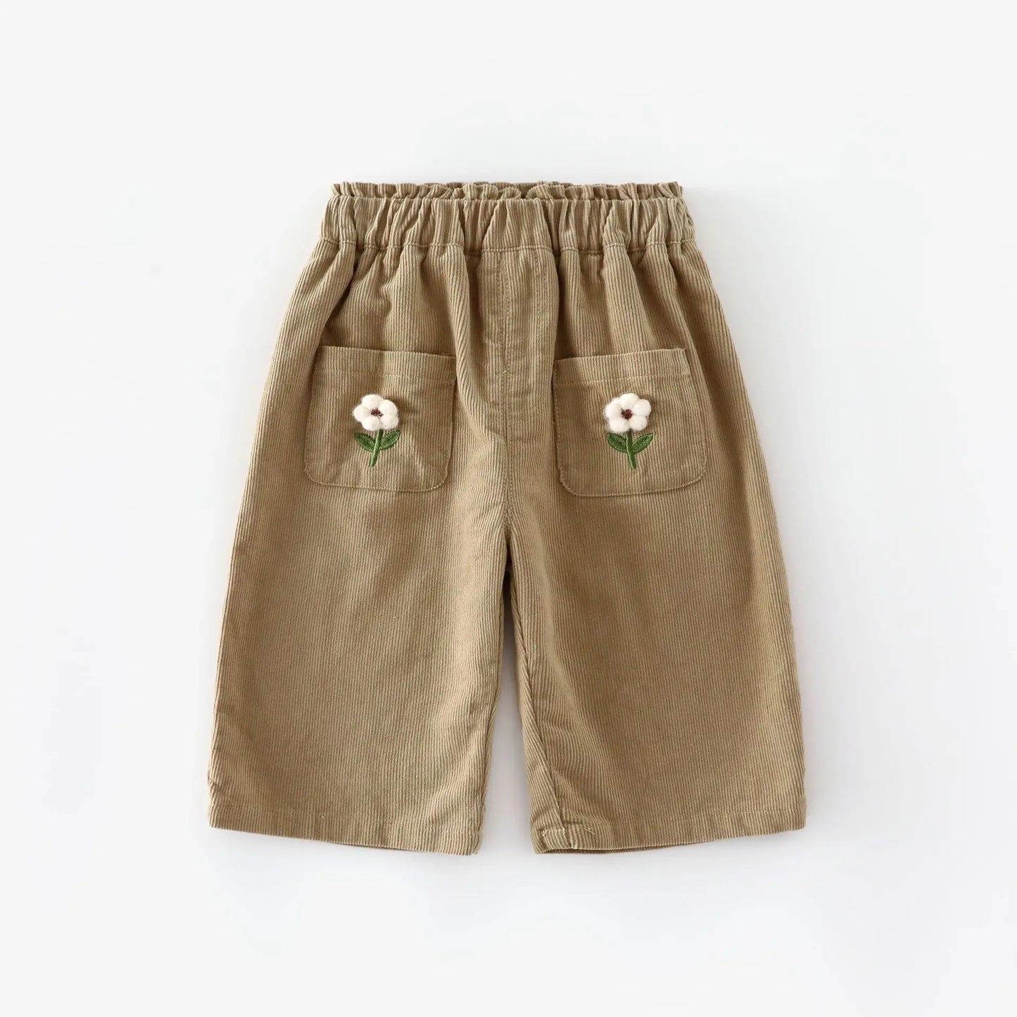 Korean Children's Clothes 2025 Autumn Girl Corduroy Straight-Leg Pants with Flower Embroidery 0-5Y Kids Casual Trousers