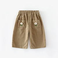 Korean Children's Clothes 2025 Autumn Girl Corduroy Straight-Leg Pants with Flower Embroidery 0-5Y Kids Casual Trousers