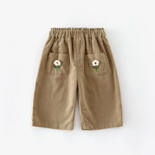 Korean Children's Clothes 2025 Autumn Girl Corduroy Straight-Leg Pants with Flower Embroidery 0-5Y Kids Casual Trousers