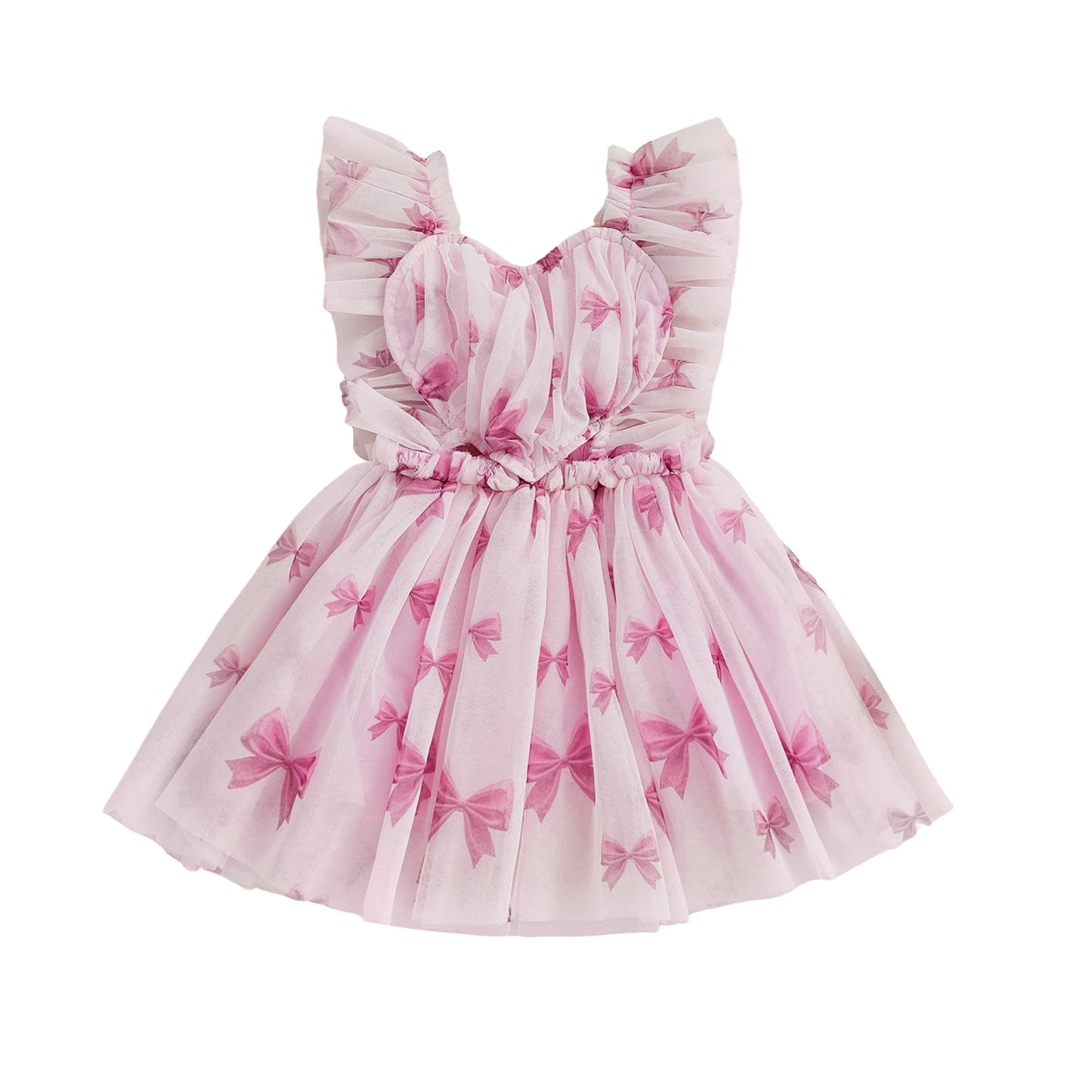 Infant Baby Girl Valentine’s Day Tulle Dress Heart/Bow Print Sleeveless Suspender A-Line Dress for Spring Summer