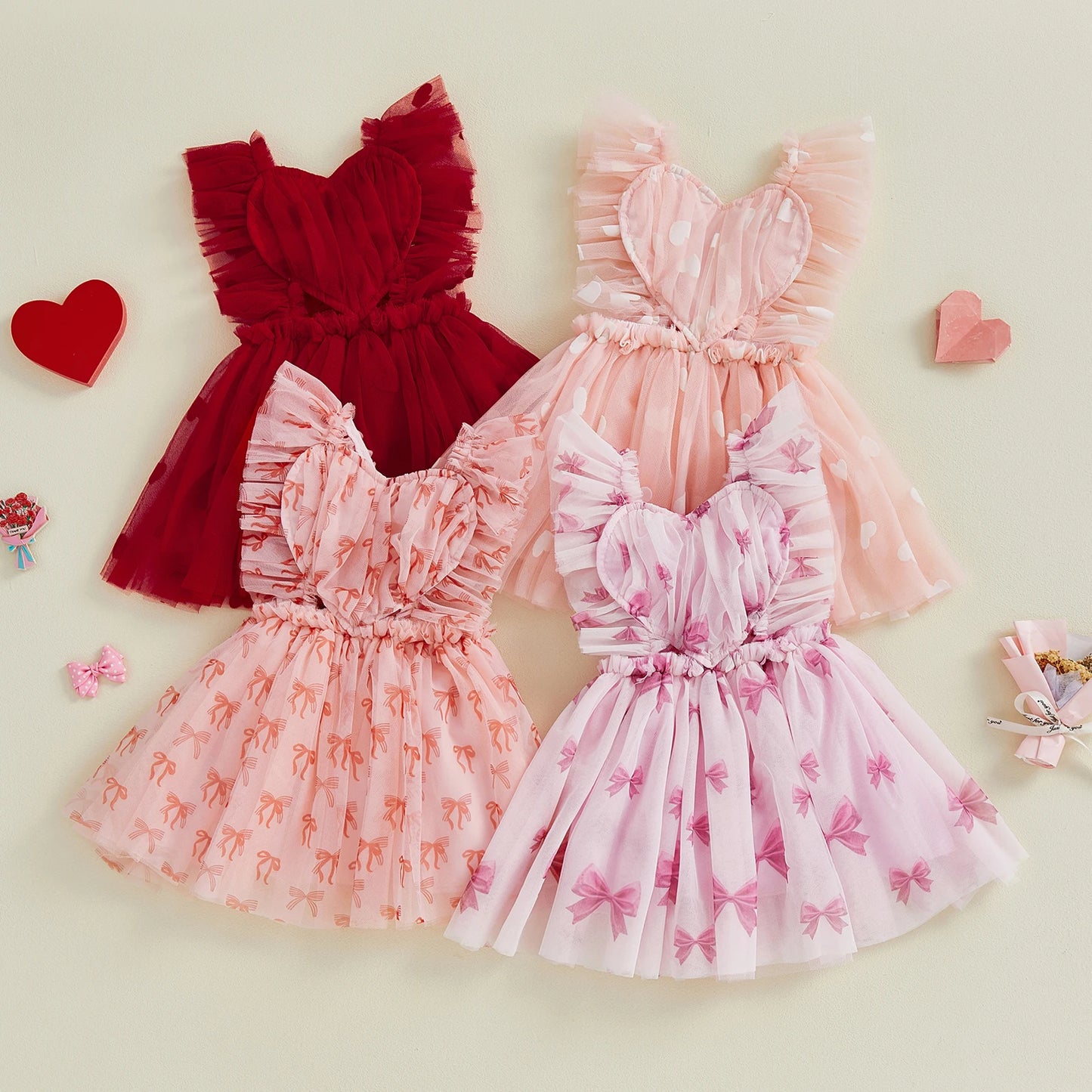 Infant Baby Girl Valentine’s Day Tulle Dress Heart/Bow Print Sleeveless Suspender A-Line Dress for Spring Summer