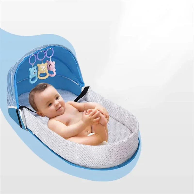 Baby Bed Convenient Folding Anti Pressure Baby Crib with Net and Awning Newborn Isolation Biomimetic Outdoor Travel Baby Crib