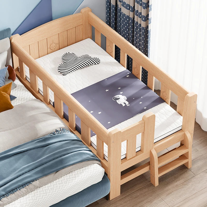 Solid Wood Children's Bed, Boy's Single Bed, with Guardrail, Girl's Princess Bed, Widened and Connected, Customizable