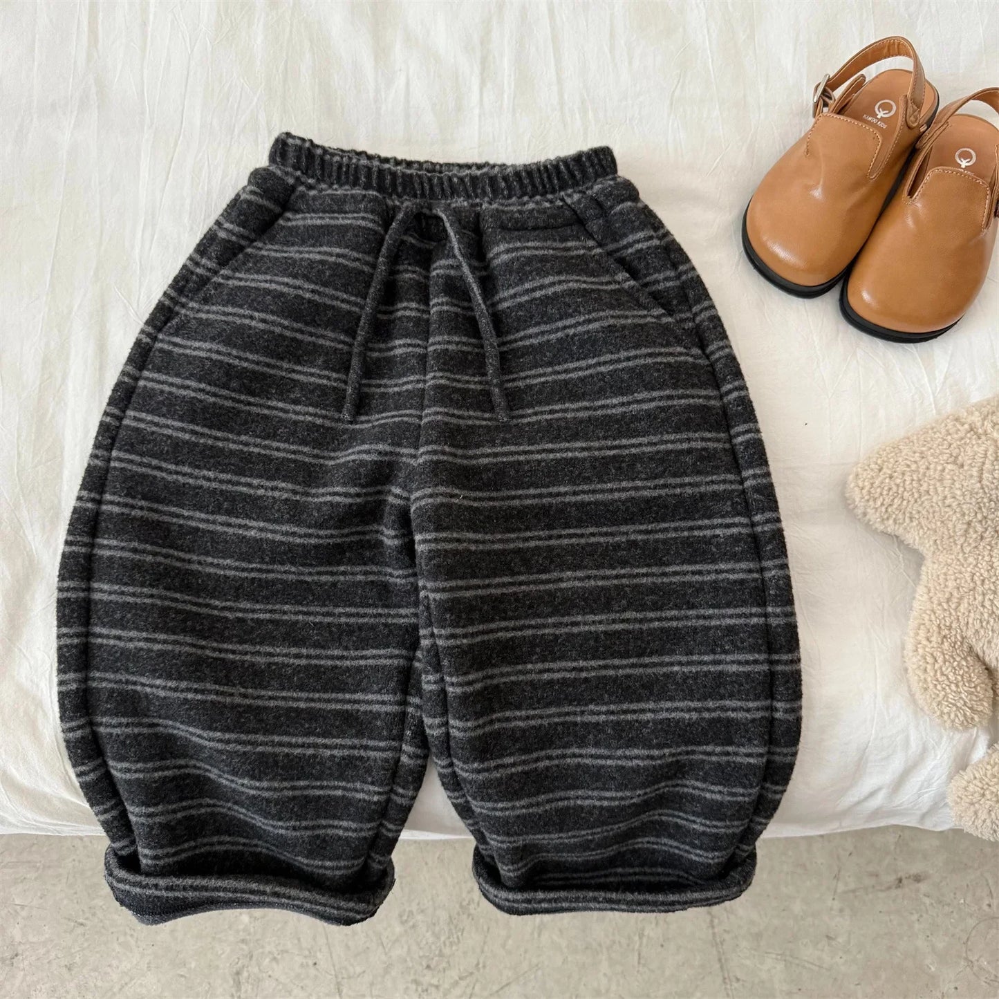 Korean Children's Clothes 2025 Autumn Winter Kids Fleece Pants Boys Striped Loose Trousers Warm Casual Long Pants