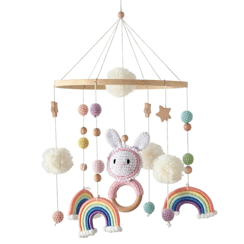 Wooden Crib Mobile Baby Bed Bell Rattle Toy Soft Felt Cartoon Bear Mobile bracket Newborn Music Box Bed Bell Hanging Bracket Toy