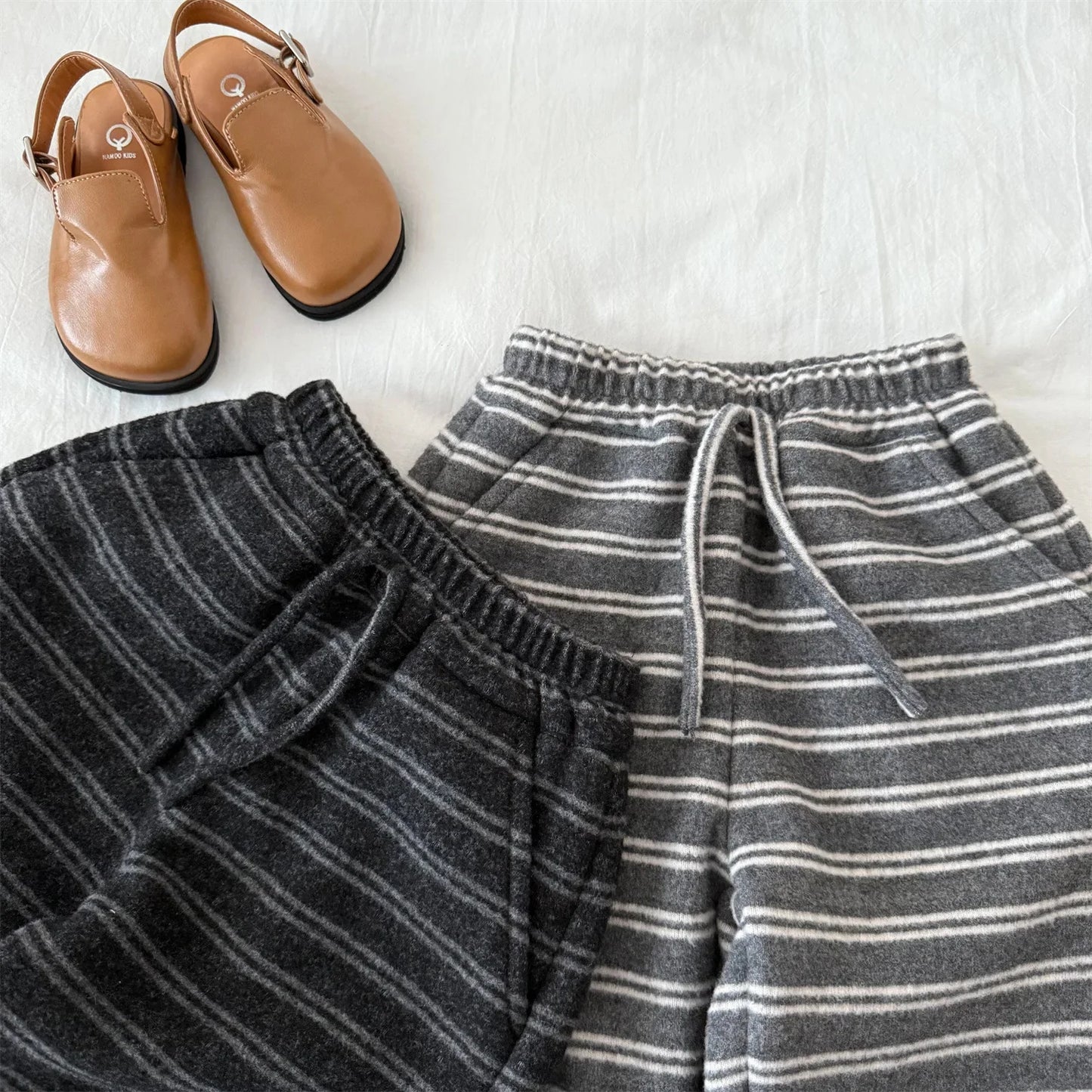 Korean Children's Clothes 2025 Autumn Winter Kids Fleece Pants Boys Striped Loose Trousers Warm Casual Long Pants