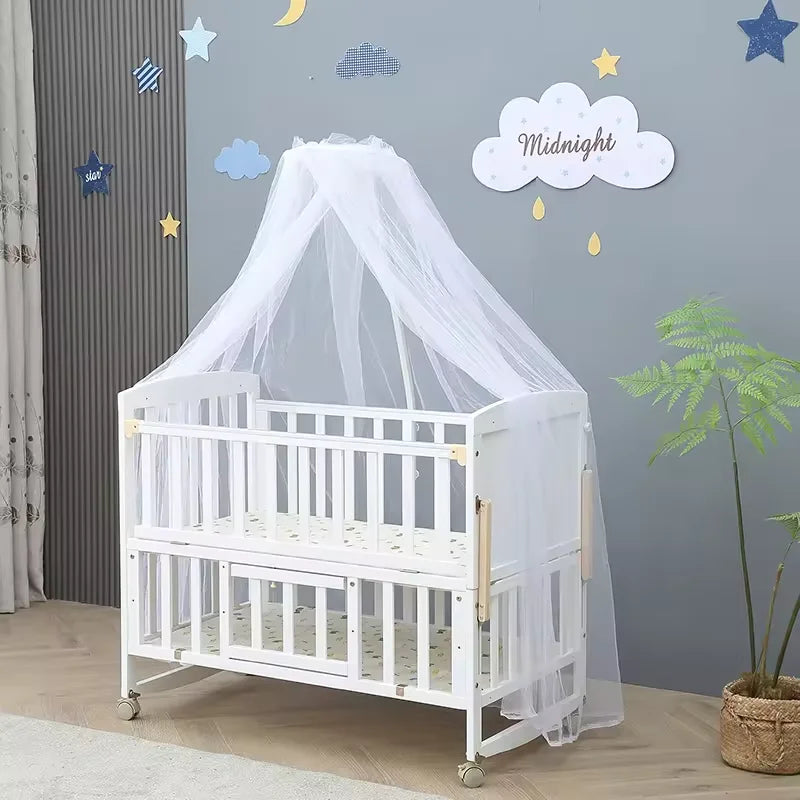 New 3 in 1 White Solid Wood Kids Cribs Adjisuable Wooden Baby Cot Bed With Net for New Born