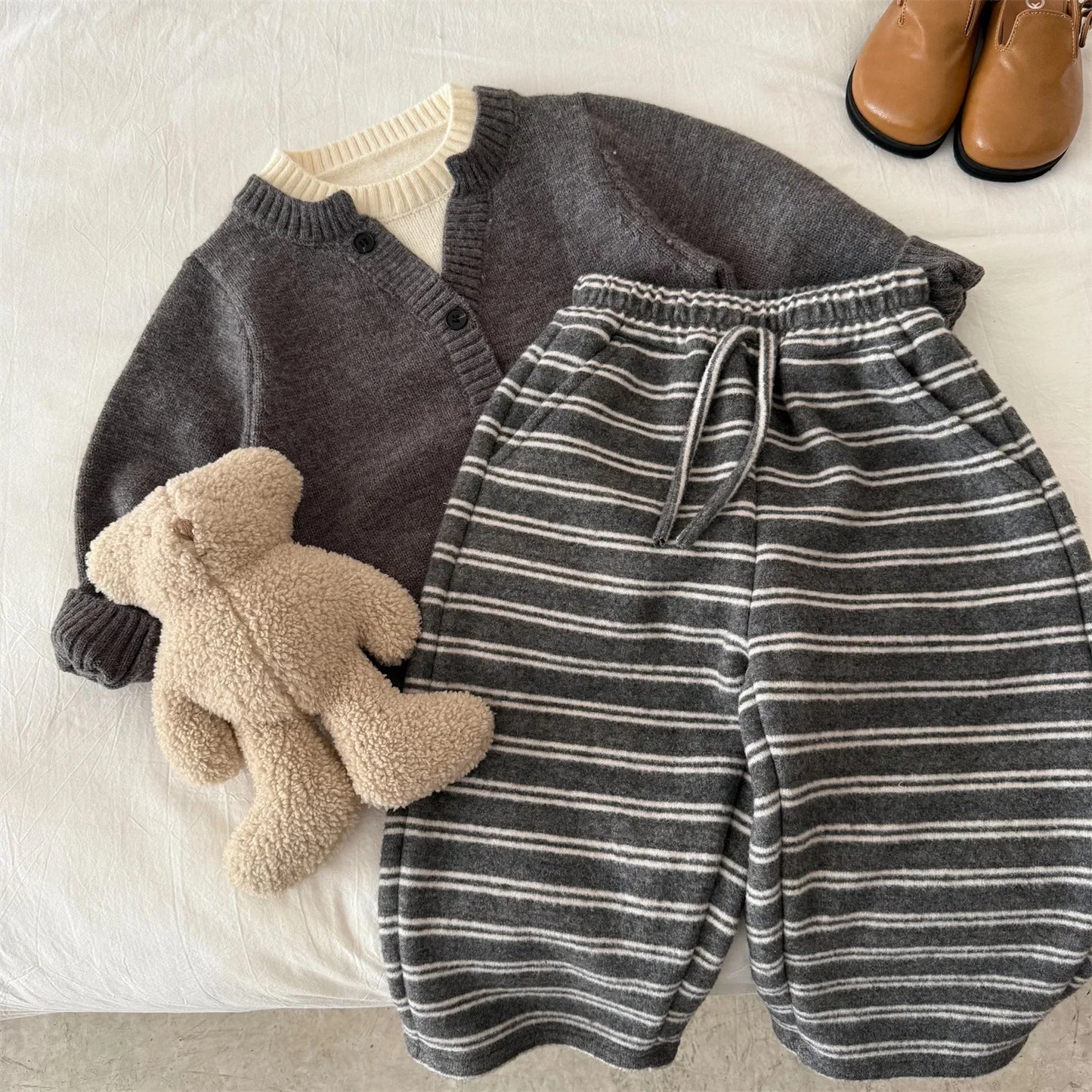Korean Children's Clothes 2025 Autumn Winter Kids Fleece Pants Boys Striped Loose Trousers Warm Casual Long Pants