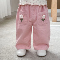 Korean Children's Clothes 2025 Autumn Girl Corduroy Straight-Leg Pants with Flower Embroidery 0-5Y Kids Casual Trousers