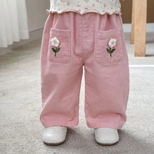 Korean Children's Clothes 2025 Autumn Girl Corduroy Straight-Leg Pants with Flower Embroidery 0-5Y Kids Casual Trousers