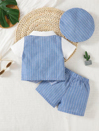 Baby Boy Little Gentleman Set Lapel Stripe Fake Two piece Top and Shorts Set Suitable for 0-3 Year Toddlers Birthday Party Set