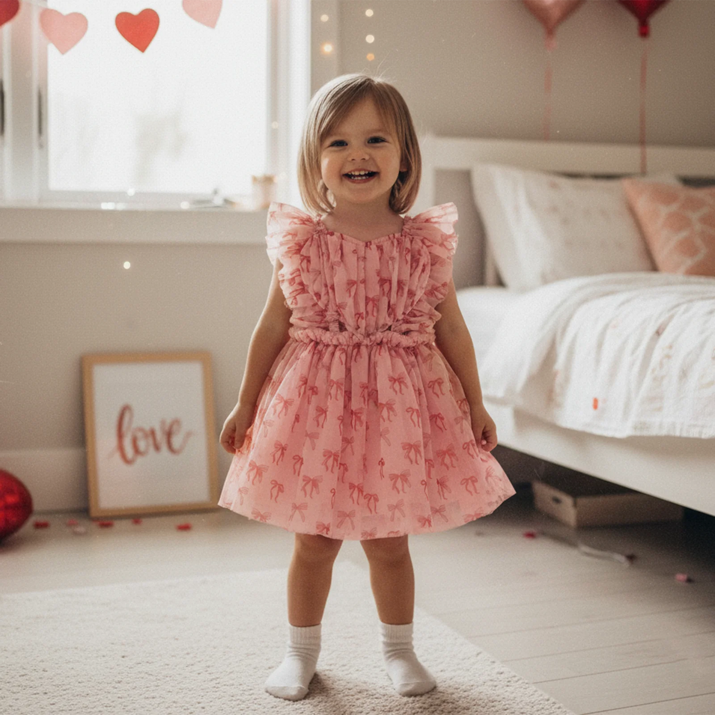 Infant Baby Girl Valentine’s Day Tulle Dress Heart/Bow Print Sleeveless Suspender A-Line Dress for Spring Summer