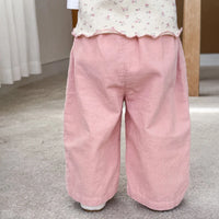 Korean Children's Clothes 2025 Autumn Girl Corduroy Straight-Leg Pants with Flower Embroidery 0-5Y Kids Casual Trousers