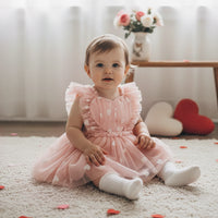 Infant Baby Girl Valentine’s Day Tulle Dress Heart/Bow Print Sleeveless Suspender A-Line Dress for Spring Summer
