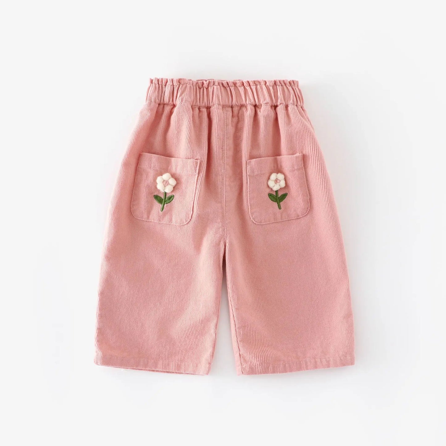 Korean Children's Clothes 2025 Autumn Girl Corduroy Straight-Leg Pants with Flower Embroidery 0-5Y Kids Casual Trousers