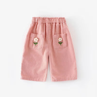 Korean Children's Clothes 2025 Autumn Girl Corduroy Straight-Leg Pants with Flower Embroidery 0-5Y Kids Casual Trousers